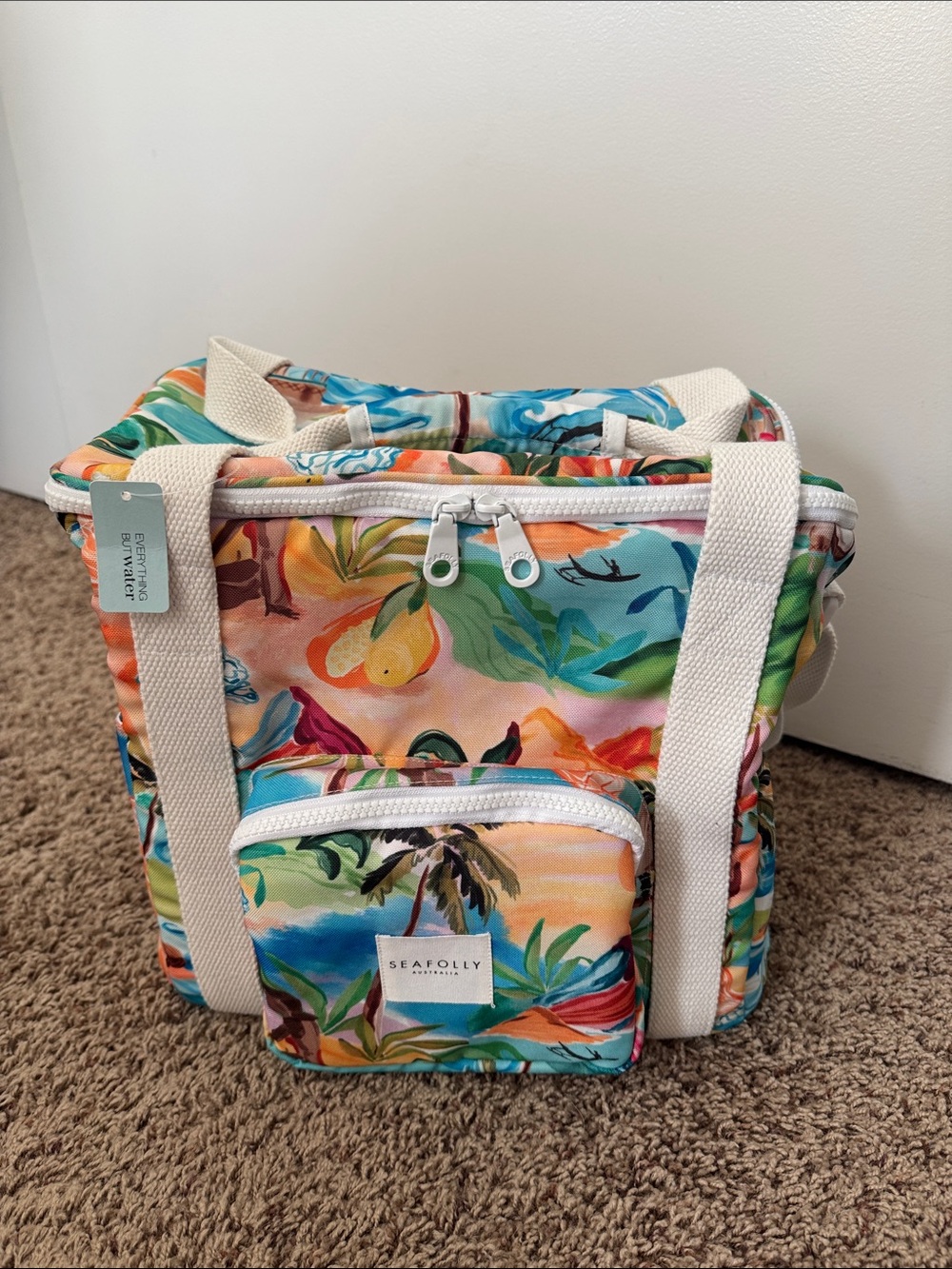 Seafolly Multicolor Tropical Print Insulated Tote Bag with Cream Straps
